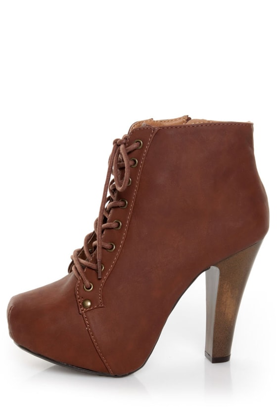 Qupid Puffin 06 Cognac Brown Lace-Up Booties - $47.00