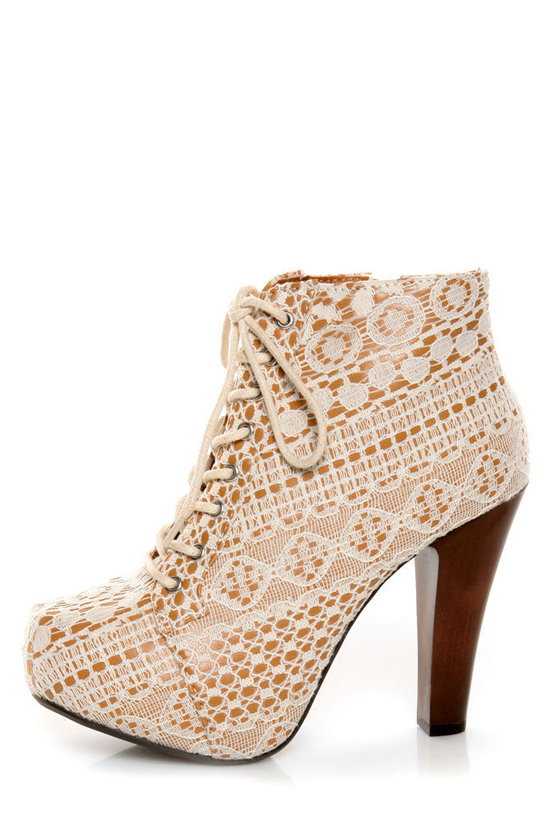 Qupid Puffin 39 Ivory Fabric Lacy Lace Up Booties 51.00 Lulus