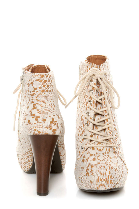 Qupid Puffin 39 Ivory Fabric Lacy Lace-Up Booties