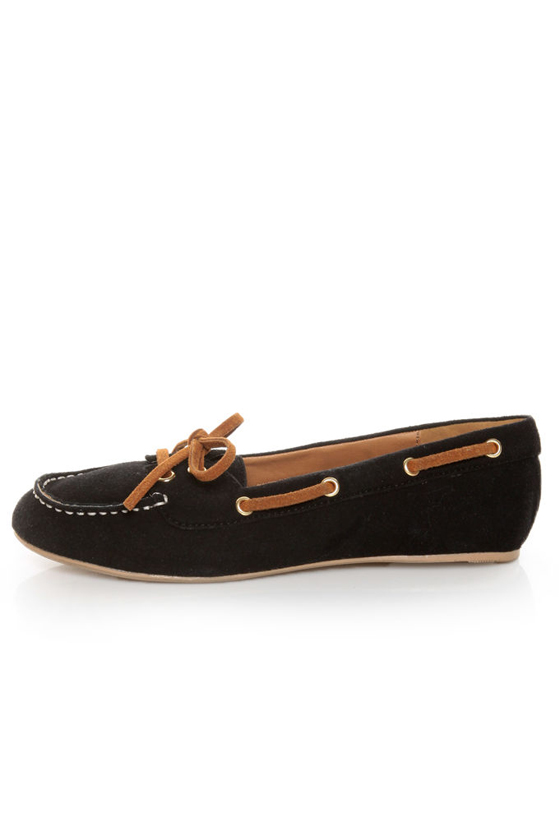 Qupid Serina 720 Black Suede Moccasin-Meets-Boat Shoe Flats