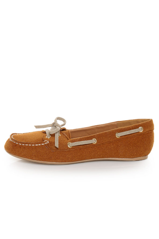 Qupid Serina 720 Rust Suede Moccasin-Meets-Boat Shoe Flats