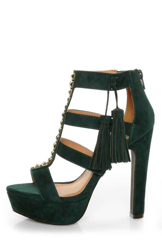 Qupid Luxe Spirite Green Velvet Studded Tassel Heels