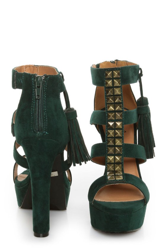 Qupid Luxe Spirite Green Velvet Studded Tassel Heels