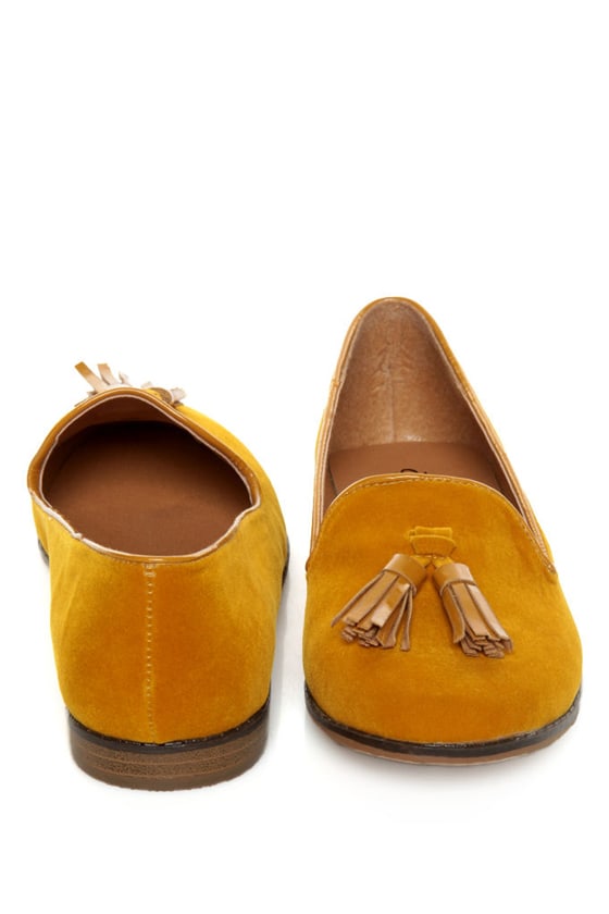 Qupid Strip 40 Mustard Velvet Tassel Smoking Slipper Flats - $26.00