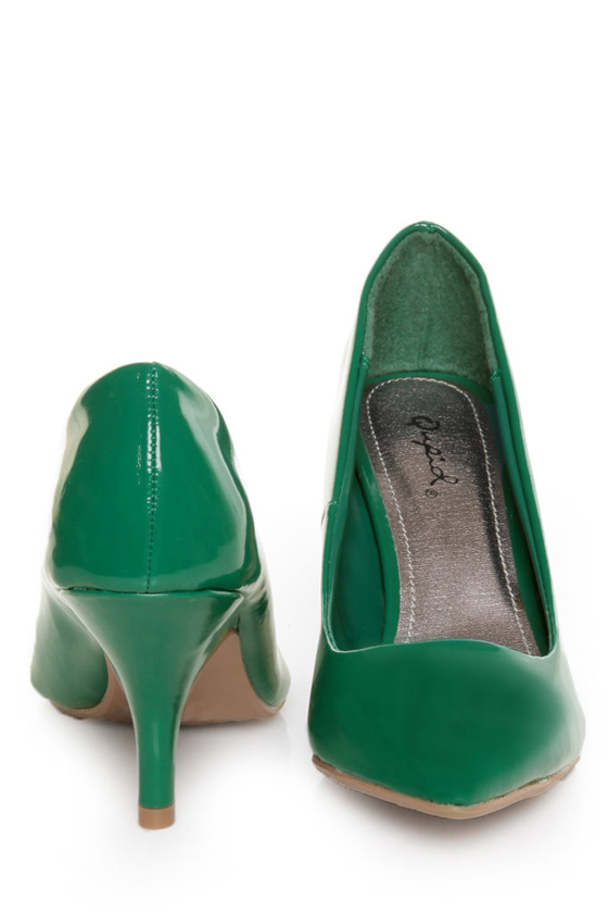 Qupid Tanya 01 Green Patent Kitten Pumps