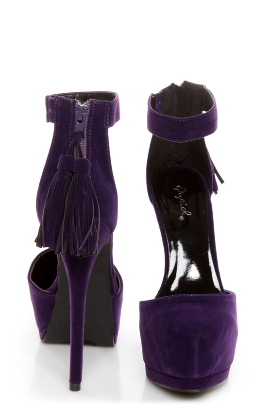 Qupid Tatum 55 Purple Velvet Tassel Pointed Platform Heels