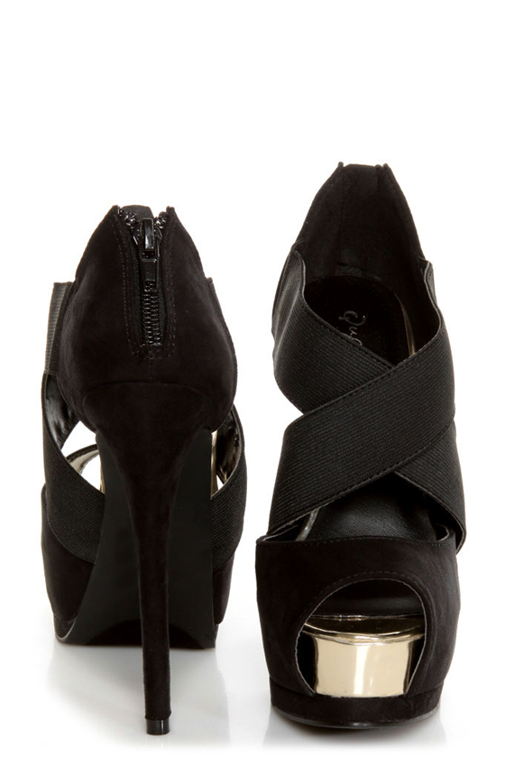 Qupid Tatum 64 Black Banded Peep Toe Platform Heels