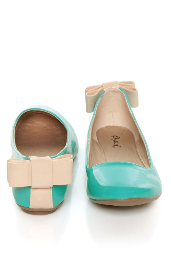 Qupid Thesis 153 Turquoise Patent Back Bow Ballet Flats