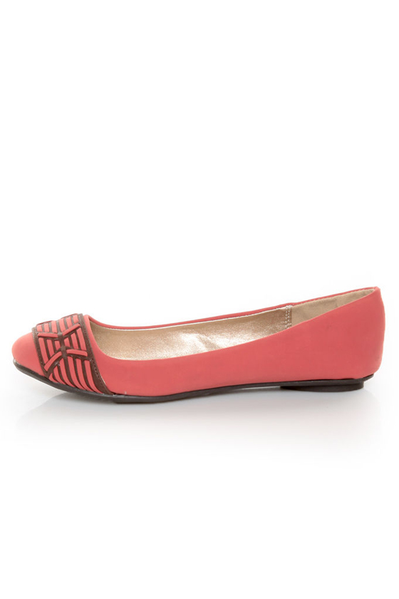 Qupid Thesis 193 Coral Nubuck Two Tone Toe Band Ballet Flats