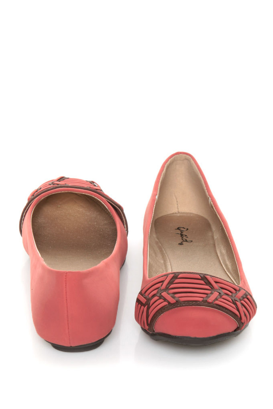 Qupid Thesis 193 Coral Nubuck Two Tone Toe Band Ballet Flats