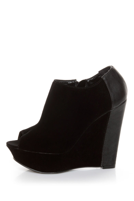 Qupid Worthy 20 Black Velvet Peep Toe Wedge Ankle Boots
