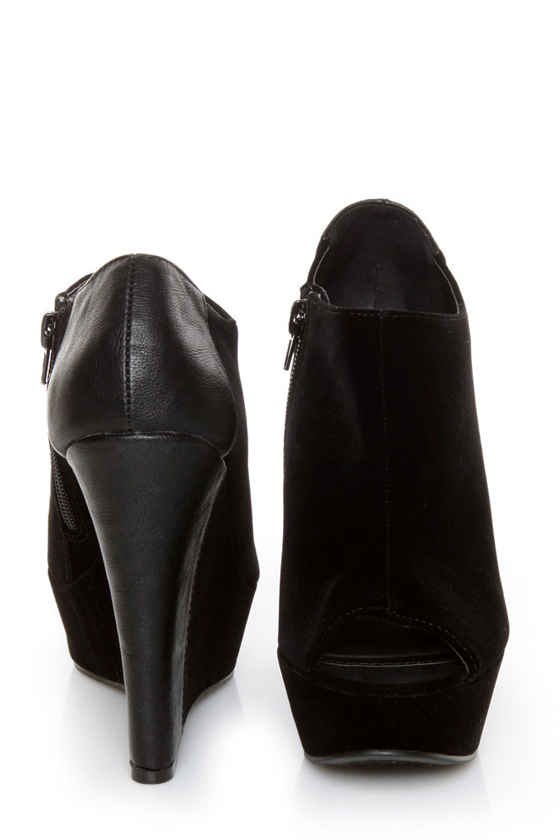 Qupid Worthy 20 Black Velvet Peep Toe Wedge Ankle Boots