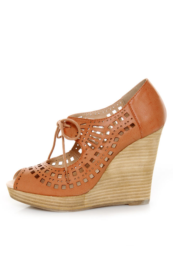 Restricted Mindy Whiskey Laser Cutout Lace-Up Wedges