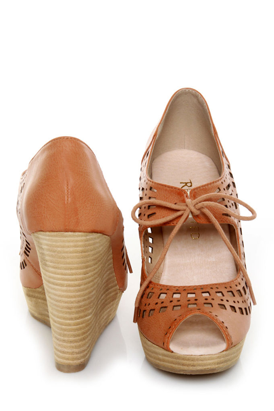 Restricted Mindy Whiskey Laser Cutout Lace-Up Wedges
