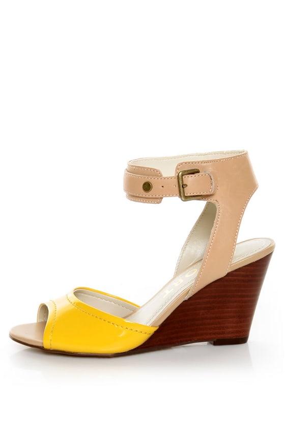 Report Jayde Yellow Patent Color Block Wedge Sandals - $ - Lulus