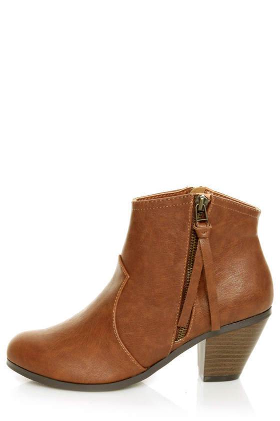 Soda Aloe Cognac Brown Side Zipper Ankle Booties
