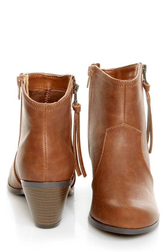 Soda Aloe Cognac Brown Side Zipper Ankle Booties