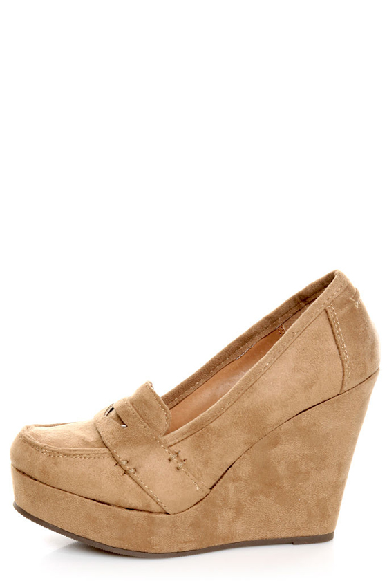 Soda Patio Light Taupe Platform Penny Loafer Wedges