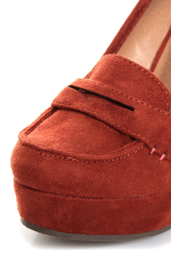 Soda Patio Rust Red Platform Penny Loafer Wedges