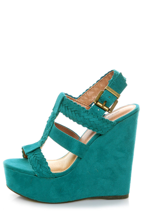 Soda Sotto Deep Teal Braided T-Strap Wedges