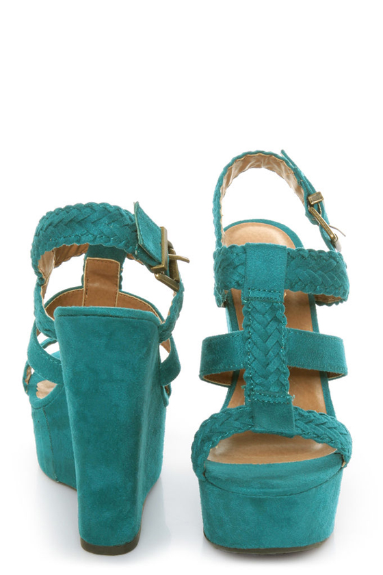 Soda Sotto Deep Teal Braided T-Strap Wedges