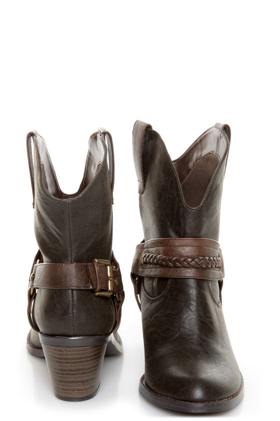 Soda West Dark Brown Harness Mid Calf Cowgirl Boots