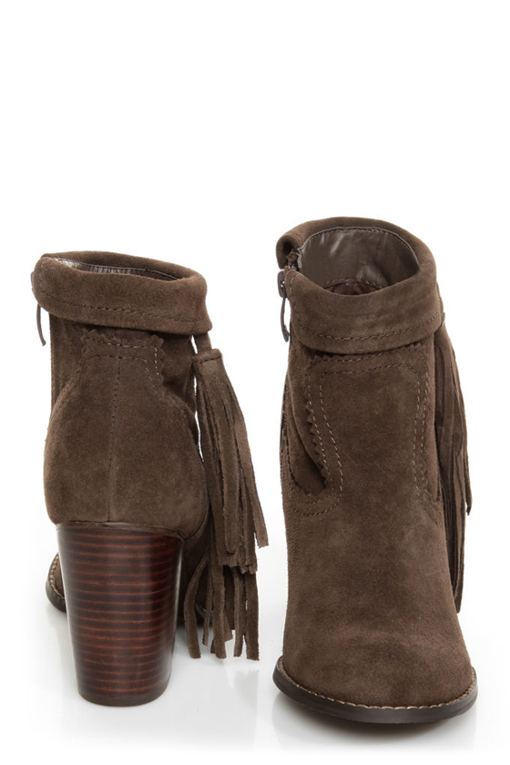 Sbicca Wynonna Taupe Tasseled Fringe Ankle Boots