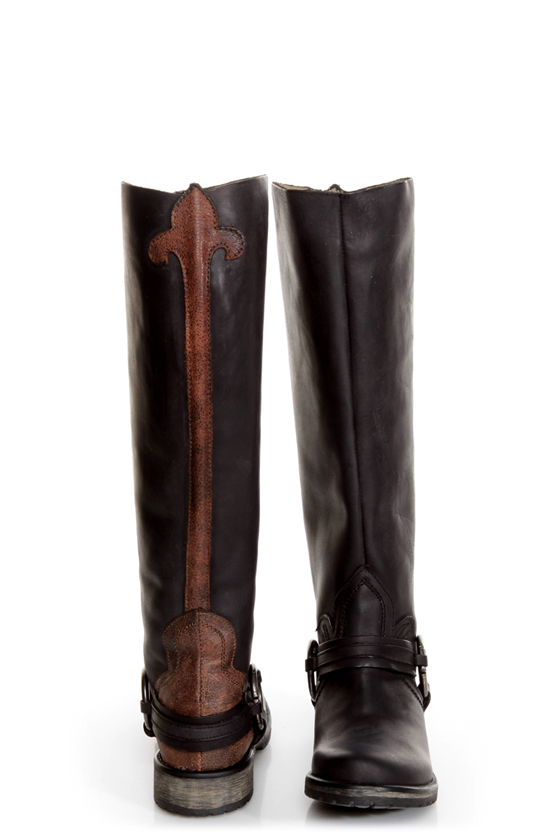 Steve Madden Judgemnt Black Leather Fleur-De-Lis Riding Boots
