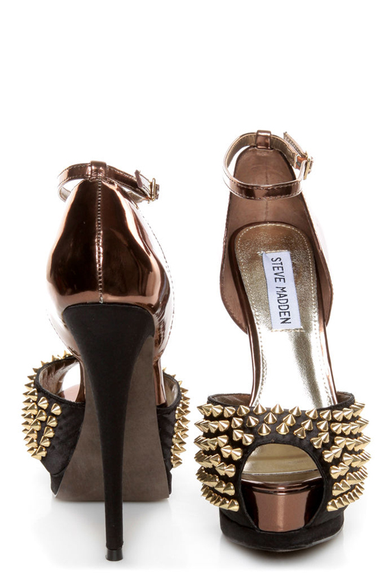 Steve Madden Obstcl-S Black and Bronze Studded Peep Toe Heels