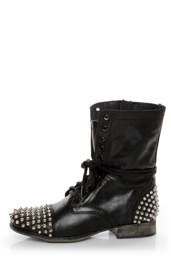 Steve Madden Tarnney Grey Leather Studded Lace-Up Combat Boots
