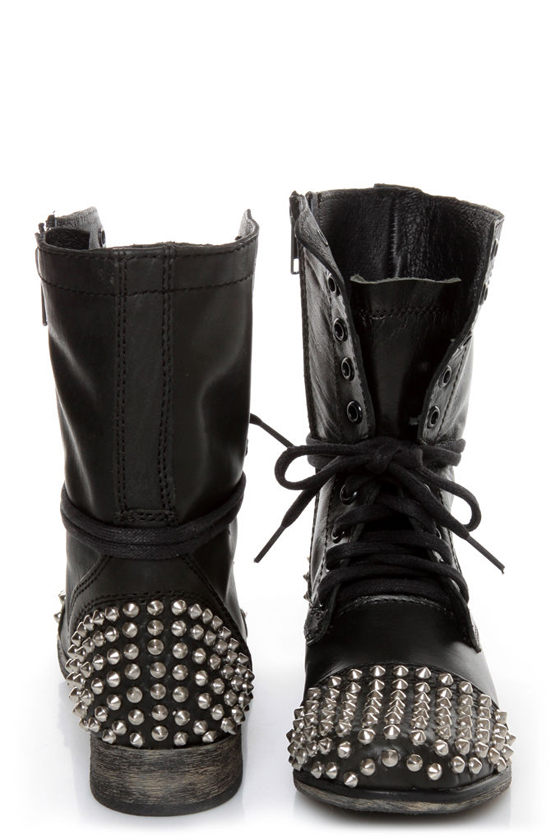 Steve Madden Tarnney Grey Leather Studded Lace-Up Combat Boots