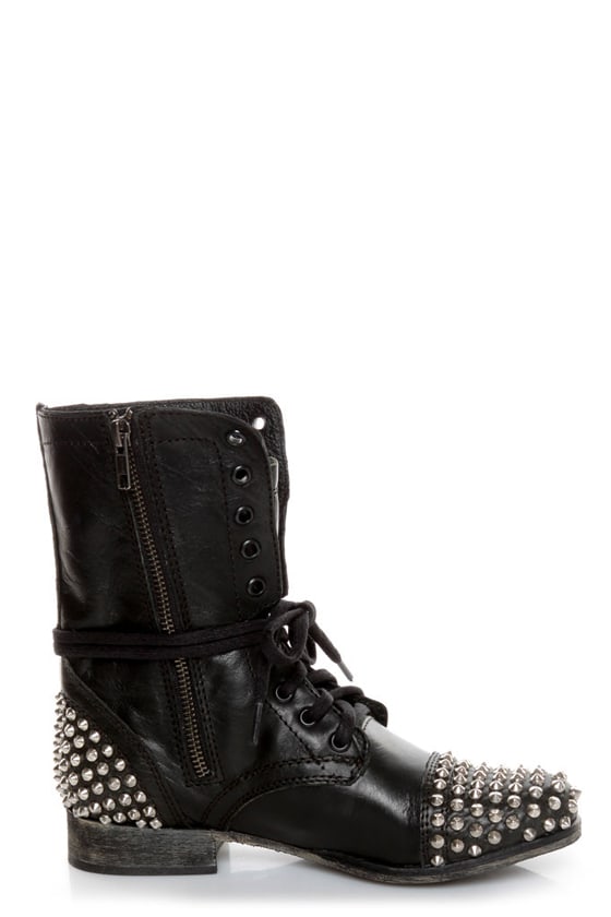 Steve Madden Tarnney Grey Leather Studded Lace-Up Combat Boots - $149.00