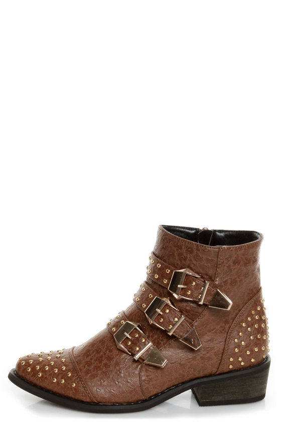 Shoe Republic LA Arly Brown Ostrich Studded Ankle Boots
