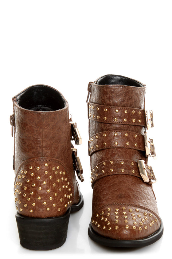 Shoe Republic LA Arly Brown Ostrich Studded Ankle Boots