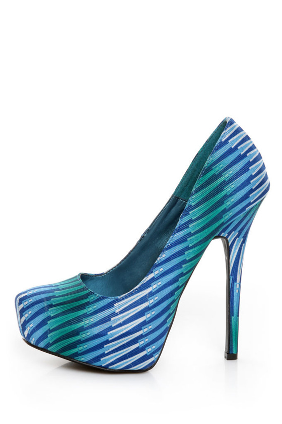 Shoe Republic LA Cheker Blue Glitter Print Platform Pumps