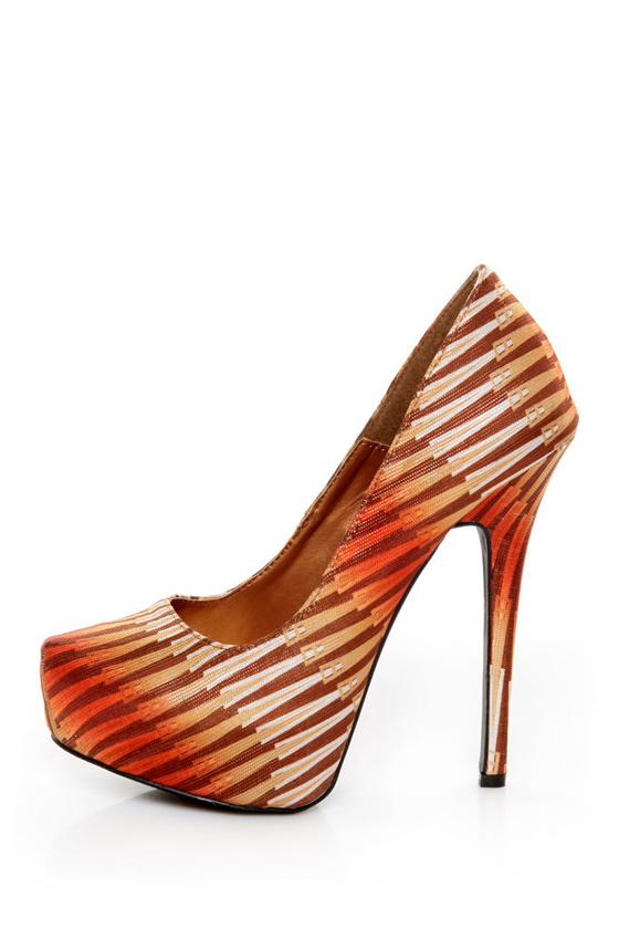 Shoe Republic LA Cheker Tan Glitter Print Platform Pumps
