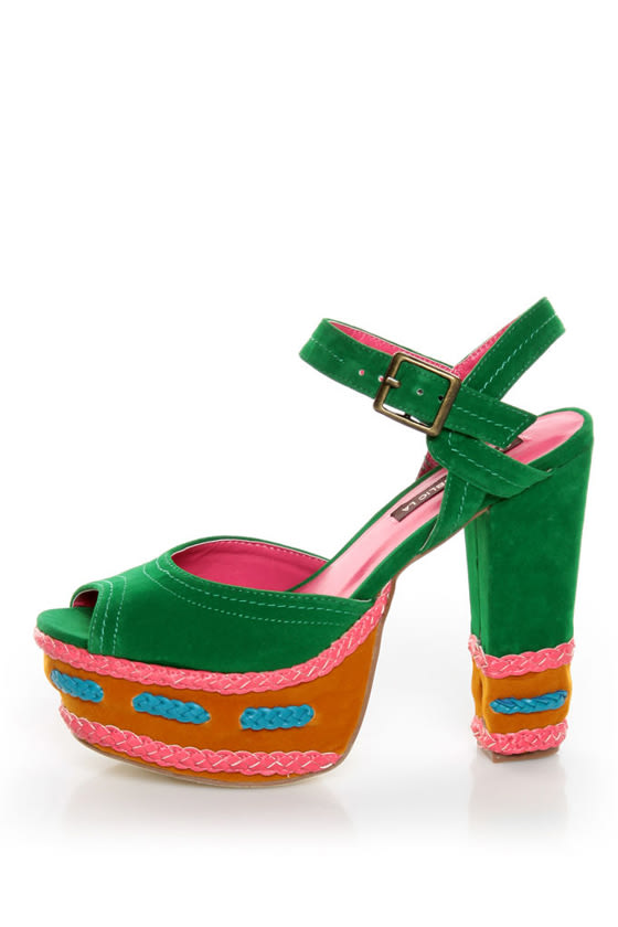 Shoe Republic LA Gothic Jade Green Braided Color Block Heels