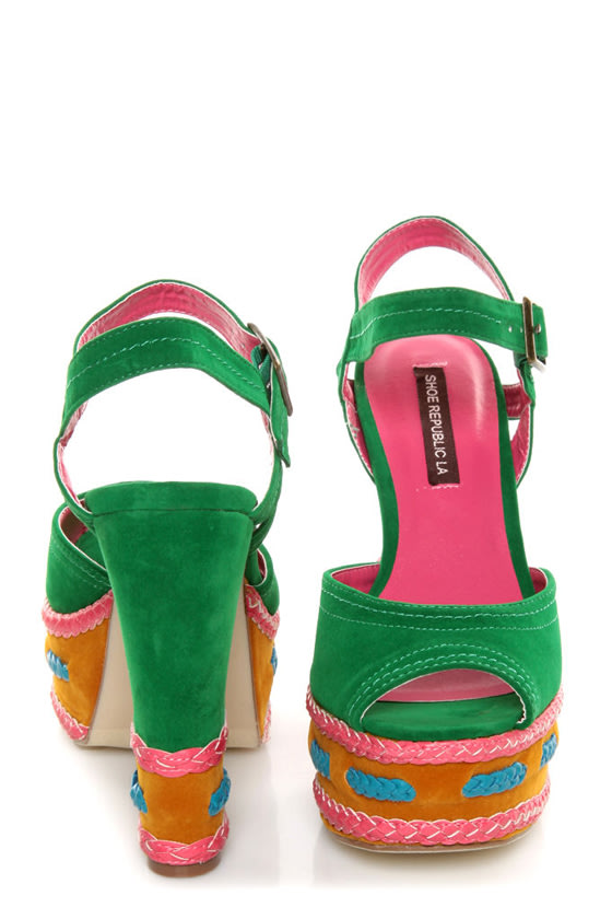 Shoe Republic LA Gothic Jade Green Braided Color Block Heels