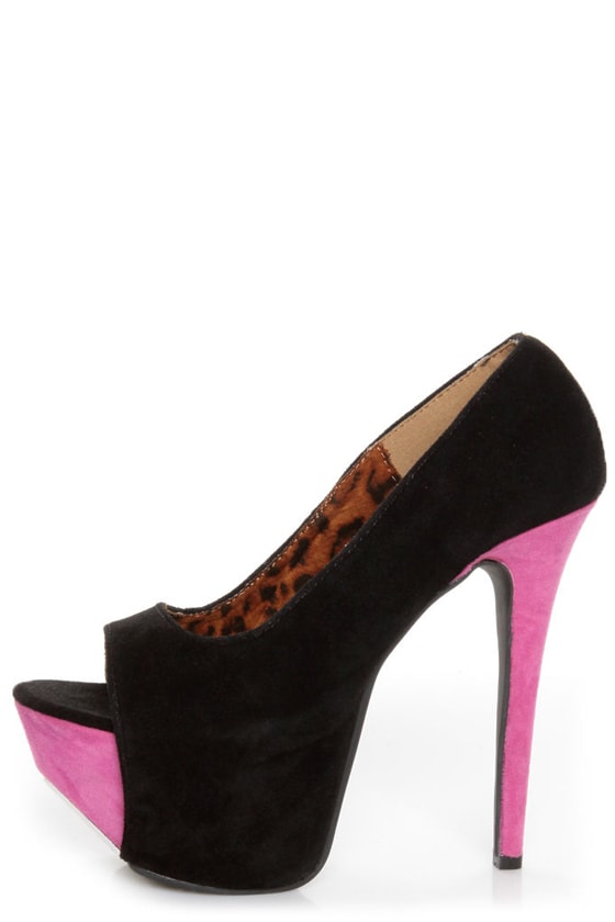 Shoe Republic LA Hoots Black and Pink Mega Platform Heels