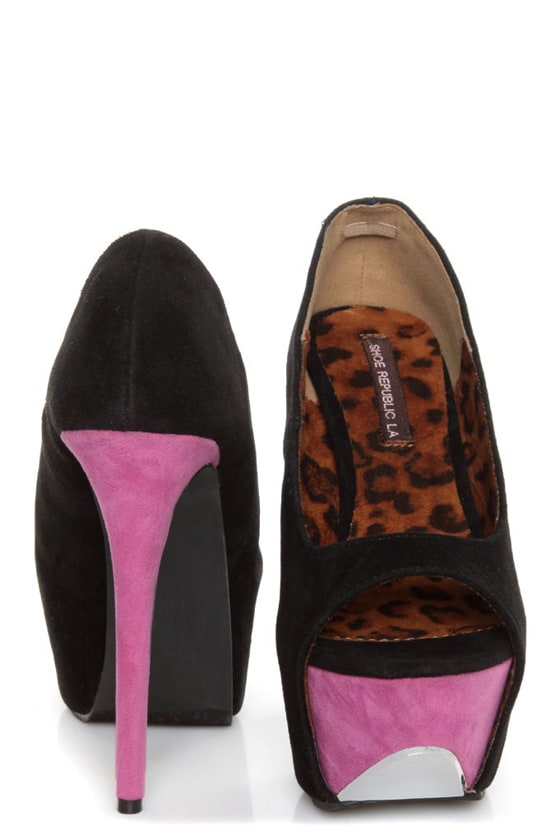Shoe Republic LA Hoots Black and Pink Mega Platform Heels