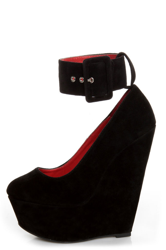 Shoe Republic LA Lynn Black Ankle Strap Mega Platform Wedges