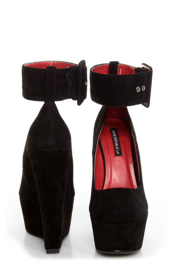 Shoe Republic LA Lynn Black Ankle Strap Mega Platform Wedges