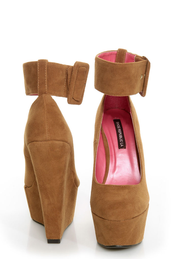 Shoe Republic LA Lynn Tan Ankle Strap Mega Platform Wedges