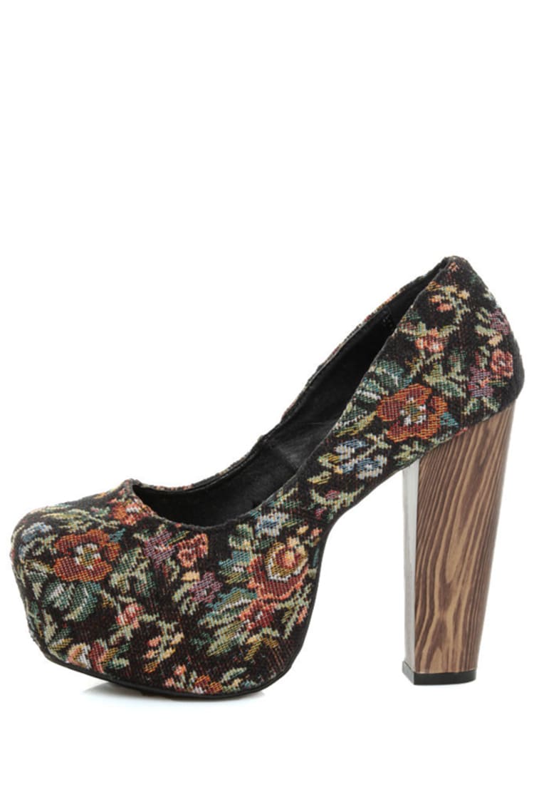 Shoe Republic LA Media Black Floral Tapestry Platform Heels