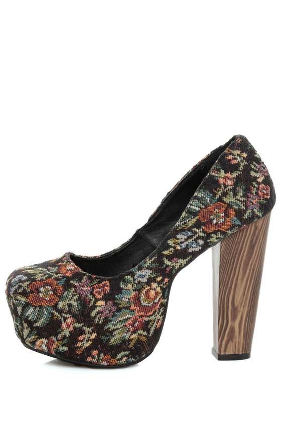 Shoe Republic LA Media Black Floral Tapestry Platform Heels