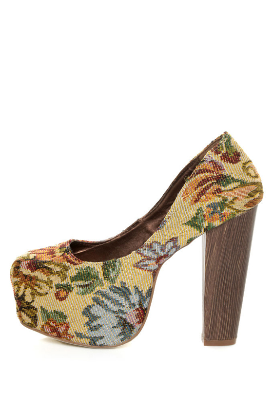 Shoe Republic LA Media Gold Floral Tapestry Platform Heels