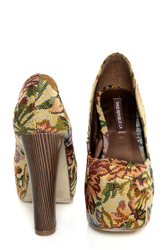 Shoe Republic LA Media Gold Floral Tapestry Platform Heels