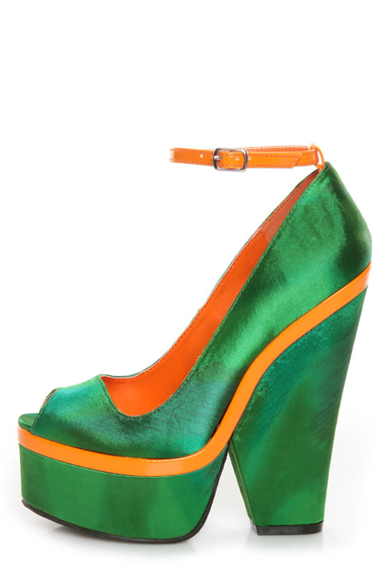green satin platform heels
