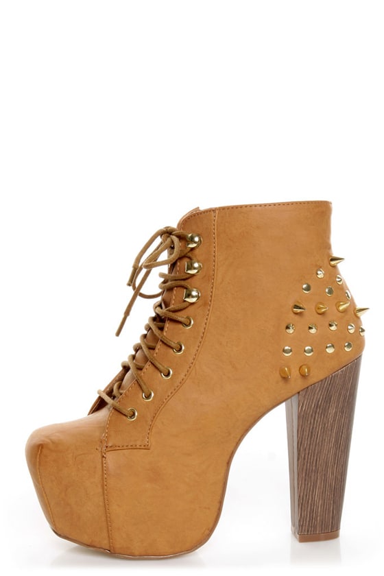 Shoe Republic LA Terza Tan Spiked and Studded Lace-Up Booties