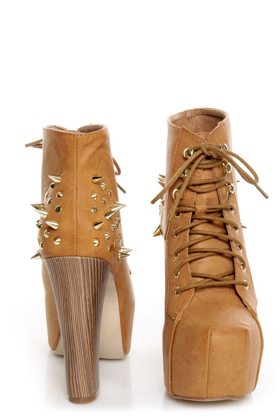 Shoe Republic LA Terza Tan Spiked and Studded Lace-Up Booties
